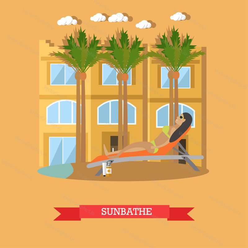Vektorové ilustrace ženy opalování na resort bazén. Výlet do Egypta koncept plochý styl designový prvek.