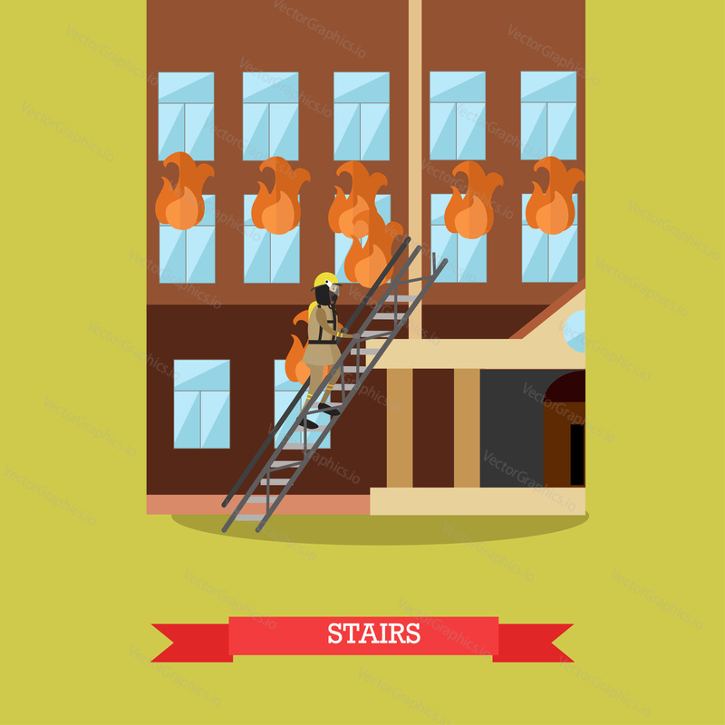 Vector illustration of firefighter in protective clothing, helmet and mask going upstairs to fight fire in the house. Burning flame coming out from windows. Flat style design element.