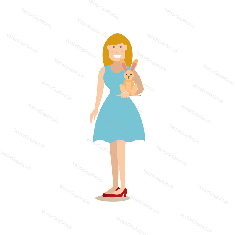 Vektorová ilustrace ženy držící v ruce domácího králíka. Pet majitel a její králík plochý styl designový prvek, ikona izolován na bílém pozadí.