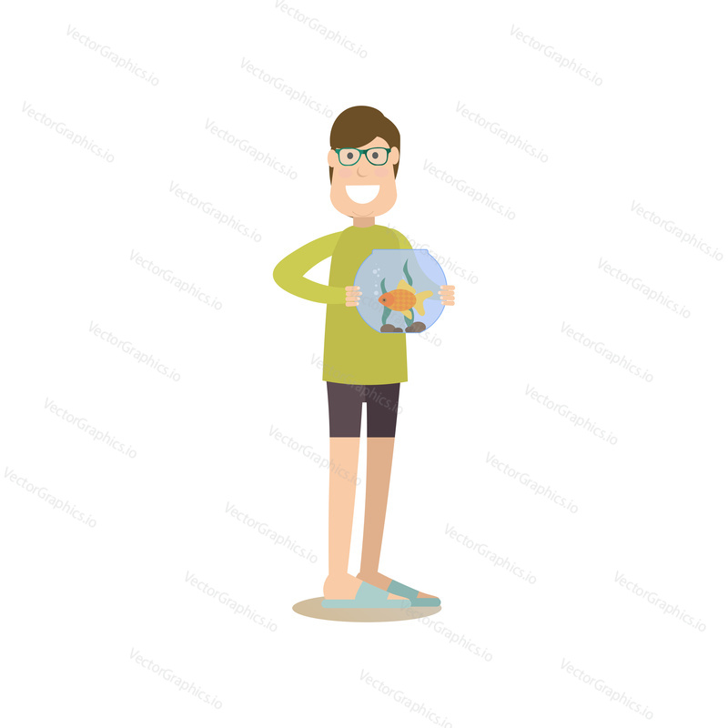 Vector illustration of man in glasses holding aquarium with goldfish. Pet owner and his exotic fish flat style design element, icon isolated on white background.