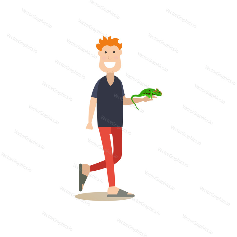 Vektorová ilustrace člověka držícího v paži zelenou ještěrku leguána. Pet majitel a jeho pet plaz plochý styl designový prvek, ikona izolován na bílém pozadí.