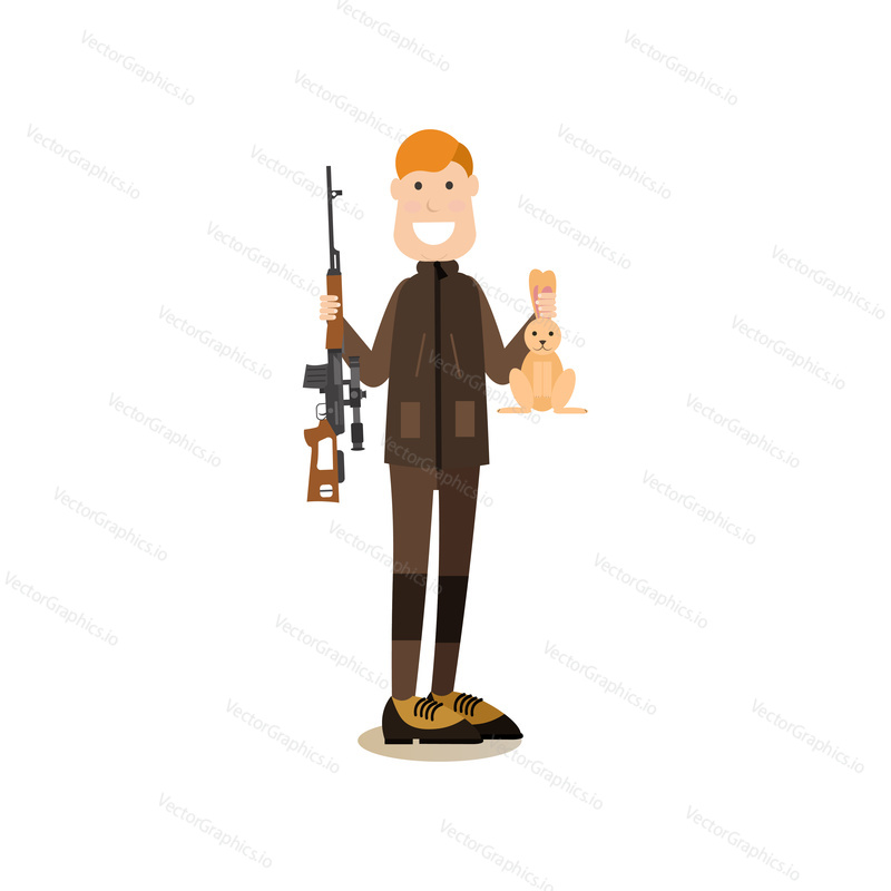 Vektorová ilustrace lovce, který drží králíka v jedné ruce a pušku v druhé. Hunter lidé plochý styl designový prvek, ikona izolován na bílém pozadí.