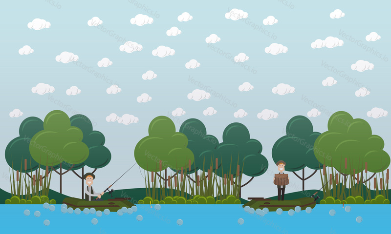 Vector illustration of men fishing. Fishermen catching fish using fishing rods while sitting in fishing boats flat style design.