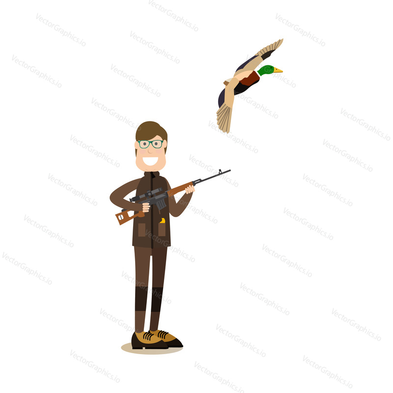 Vektorová ilustrace lovce střílejícího létající divokou kachnu. Hunter lidé plochý styl designový prvek, ikona izolován na bílém pozadí.