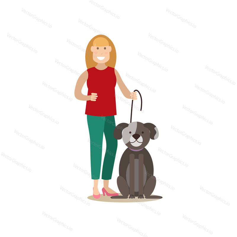 Vektorová ilustrace ženy se svým psem, majitelem domácího mazlíčka a jejím designovým prvkem štěně flat style, ikona izolovaná na bílém pozadí.