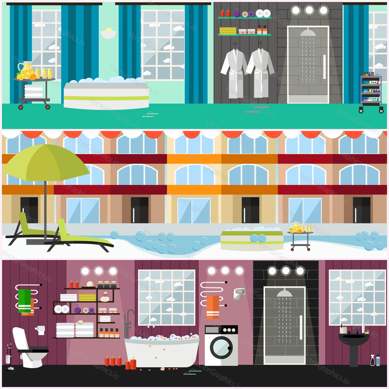 Vector set of spa interior concept posters, banners. Spa hotel with swimming pool, relax zone, jacuzzi, bathroom. Flat style design.