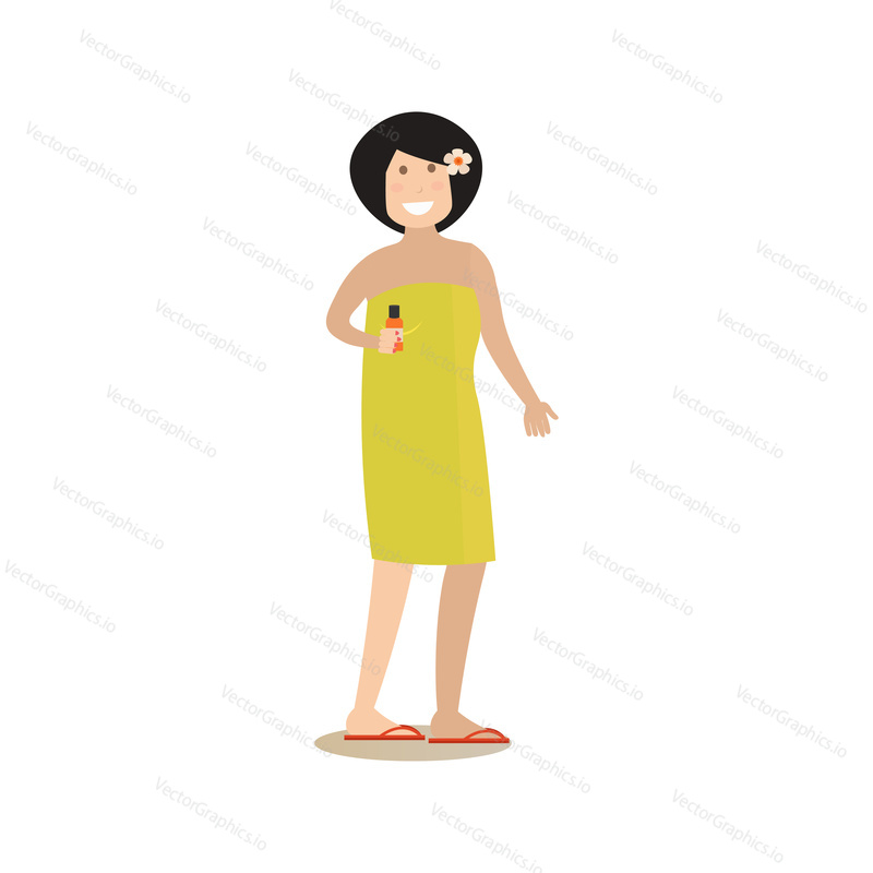 Vektorová ilustrace mladé ženy ve žlutém ručníku na těle. Spa aqua terapie, aroma koupel koncept. Spa lidé plochý styl designový prvek, ikona izolován na bílém pozadí.