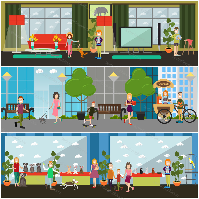 Vector set of pets posters, banners. Playing games at home and walking in the street with pets, dog, cat and domestic rabbit show flat style design elements.