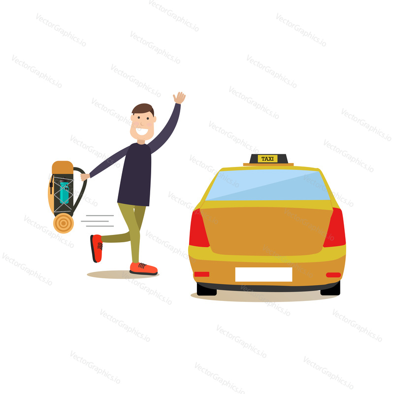 Vektorová ilustrace muže mávajícího na krupobití taxíku. Street people plochý designový prvek, ikona izolovaná na bílém pozadí.