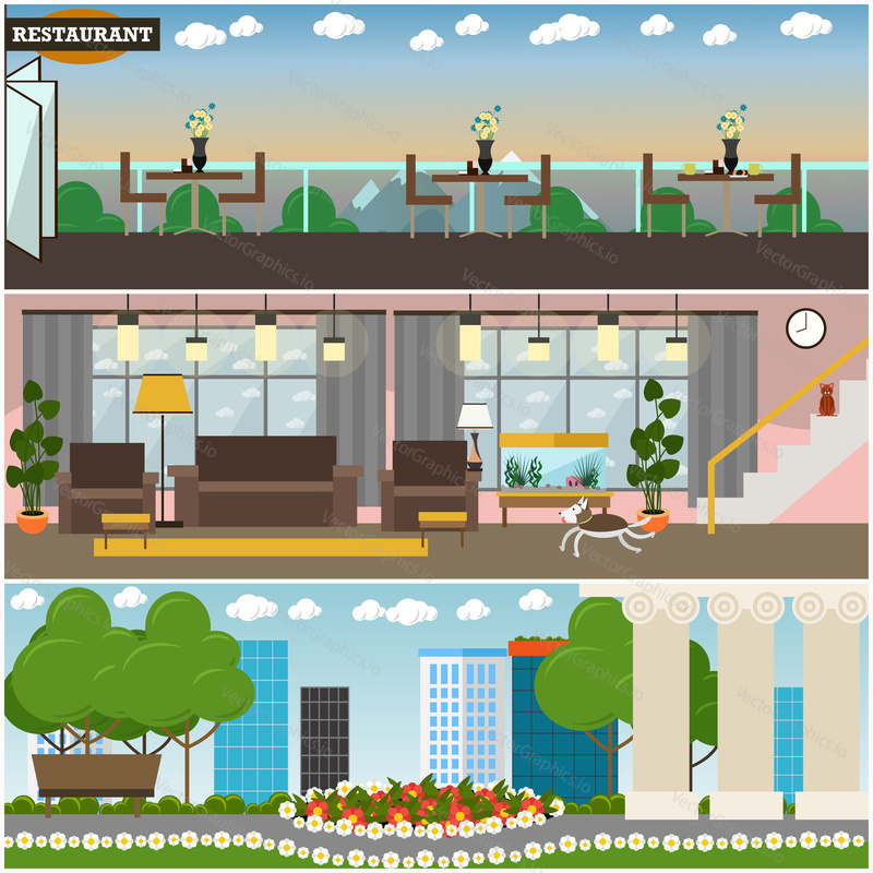 Vector set of posters or banners with restaurant, living room and street interior where happy loving couples dating, meeting and walking together. Flat style design.