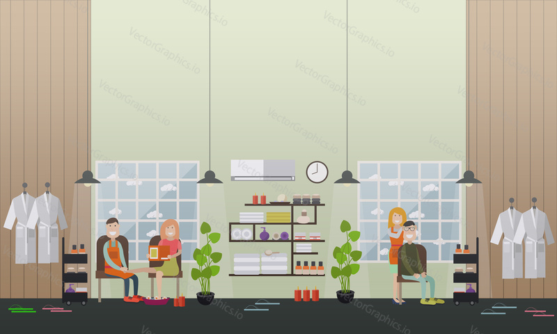 Vektorová ilustrace lidí, kteří svým klientům poskytují masáže hlavy a nohou. Spa salon služby koncept plochý styl designové prvky.
