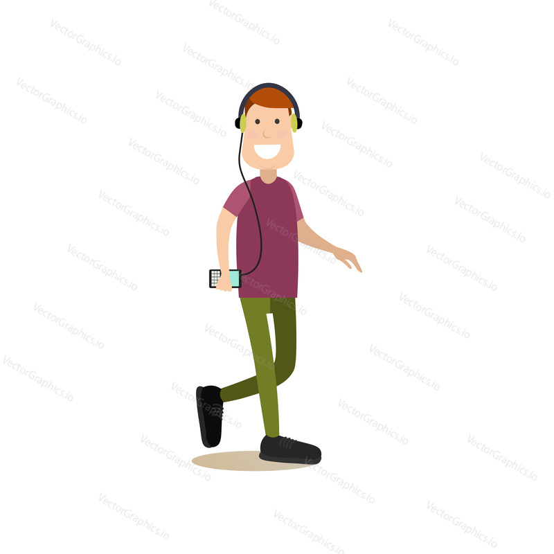 Vektorová ilustrace člověka, který poslouchá hudbu pomocí sluchátek a mobilního telefonu při chůzi na ulici. Street people plochý designový prvek, ikona izolovaná na bílém pozadí.