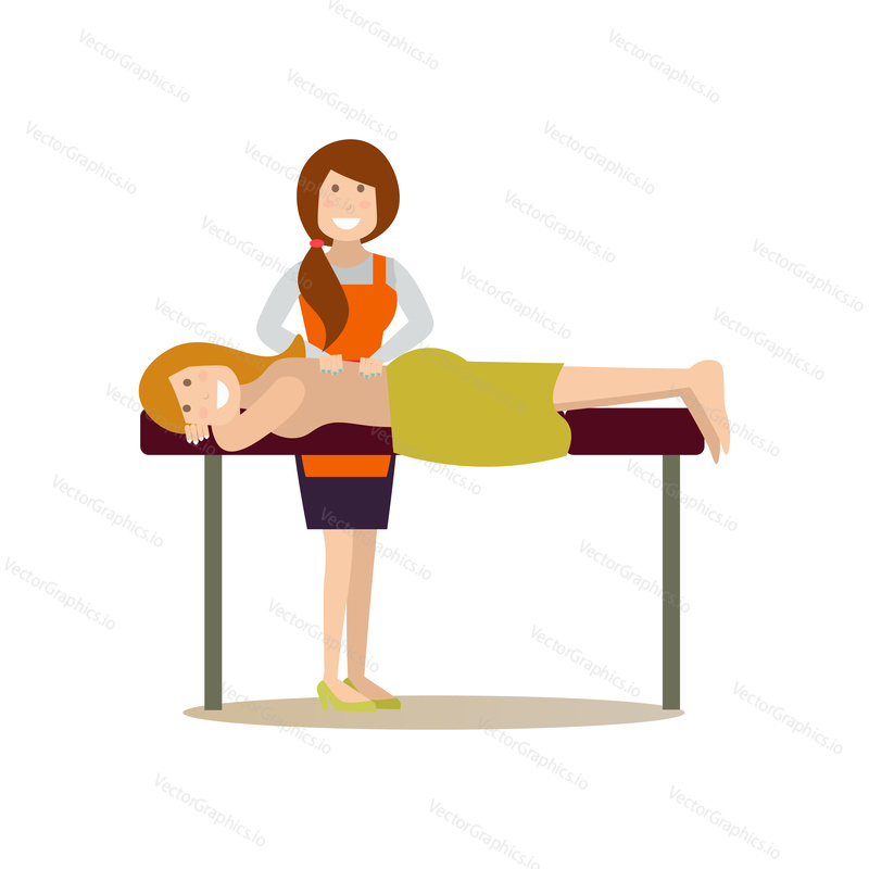 Vektorové ilustrace ženy se těší relaxační masáž zad. Spa lidé plochý styl designový prvek, ikona izolován na bílém pozadí.