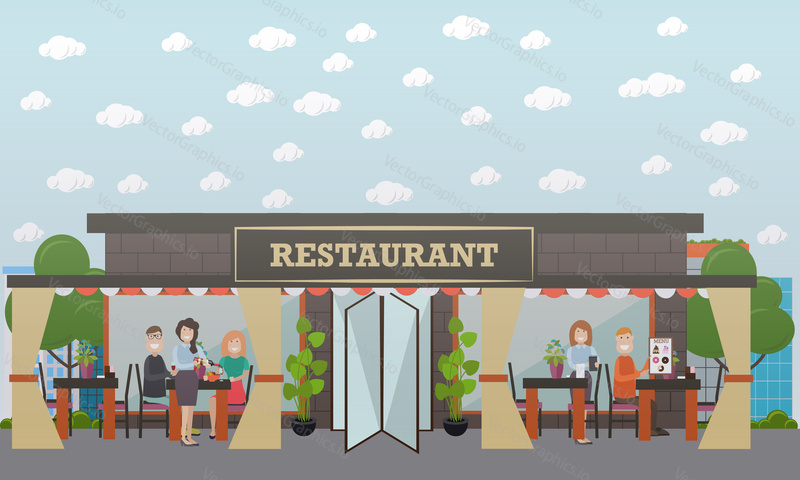 Pouliční restaurace nebo kavárna vektorová ilustrace. Servírky objednávají, servírují víno návštěvníkům sedícím u stolu. Plochý design.