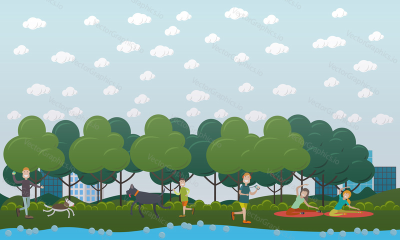 Chůze se psem v parku koncept vektorové ilustrace. Lidé venčí psy, hrají hry s domácími mazlíčky, trénují je. Plochý design.