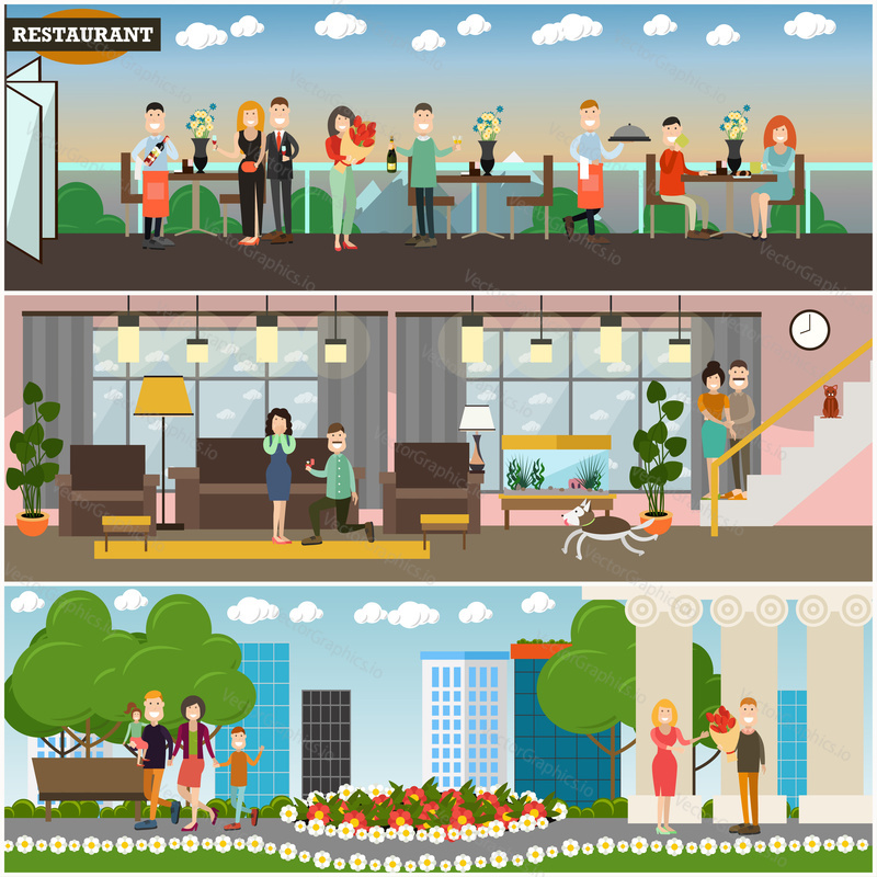 Vector set of posters or banners with happy loving couples dating, meeting at home or restaurant and walking together in the street. Flat style design.