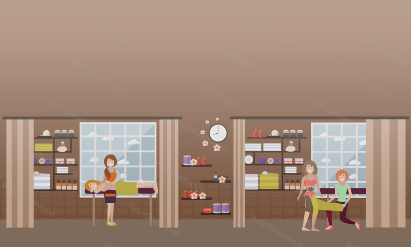 Vector illustration of women enjoying relaxation massage and warming body wraps. Spa services concept design elements in flat style.