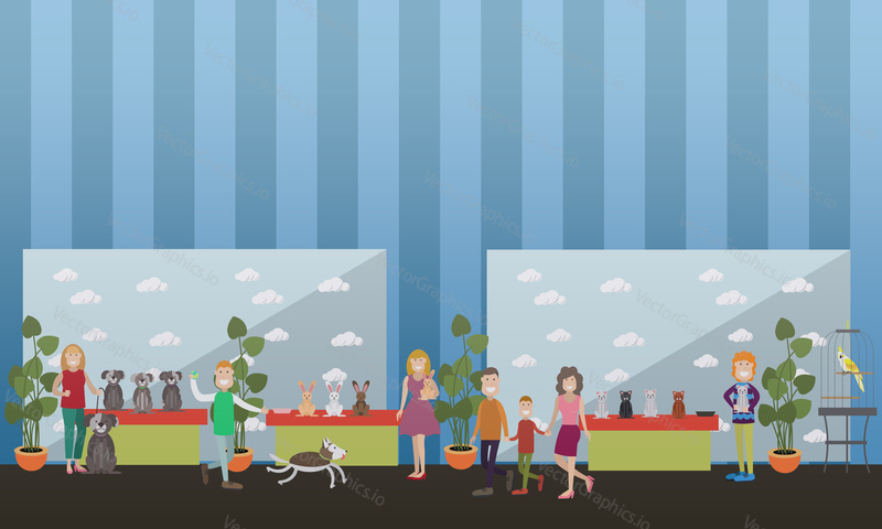 Čistokrevný pet výstava vektorové ilustrace. Výstava psů, koček a domácích králíků. Plochý design.