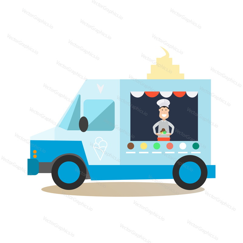 Vektorová ilustrace street food truck a prodejce zmrzliny. Zmrzlinový mobilní obchod pro festival pouličního jídla. Street people plochý designový prvek, ikona izolovaná na bílém pozadí.
