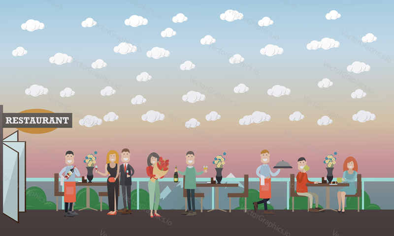 Vector illustration of happy couples dating, having dinner at restaurant. Pairs of lovers watching sunset. People and relations concept flat style design elements.