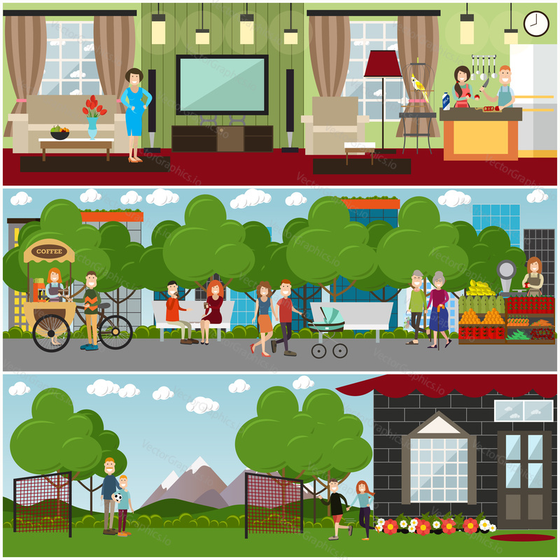 Vector set of posters or banners with happy family couples taking rest at home, in park and outside the city together. Flat style design.