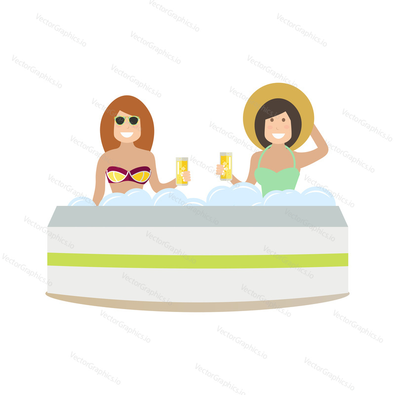 Vektorové ilustrace mladých žen se těší jacuzzi. Spa lidé plochý styl designový prvek, ikona izolován na bílém pozadí.