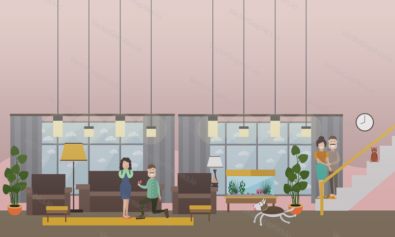 Vector illustration of man on one knee making proposal of marriage to his sweetheart. Living room interior. Flat style design.