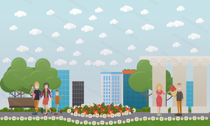 Vector illustration of happy couples walking together in the street. People and relations concept flat style design elements.