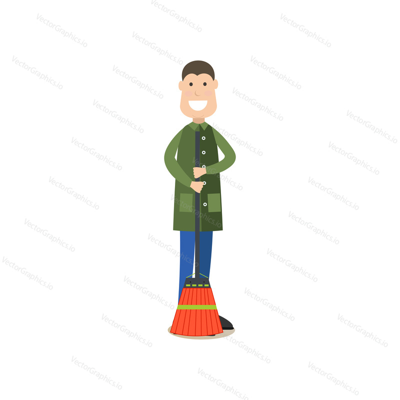 Vektorové ilustrace školníka v pracovním oděvu. Mladý muž ulice zametač drží koště. Street people plochý designový prvek, ikona izolovaná na bílém pozadí.