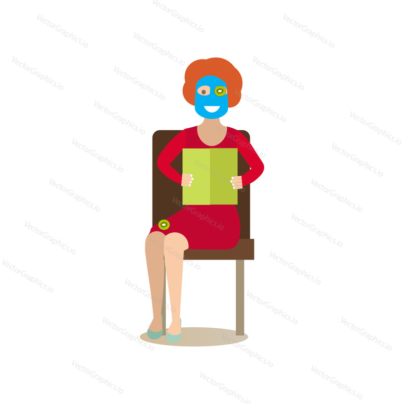Vektorové ilustrace mladé ženy s kiwi maskou. Dívka se těší kosmetické ošetření obličeje při čtení knihy. Spa lidé plochý styl designový prvek, ikona izolován na bílém pozadí.