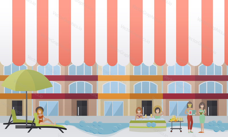 Vektorové ilustrace mladých žen, které si užívají koupele, kosmetické ošetření obličeje a odpočinek. Spa hotel services concept designové prvky v plochém stylu.