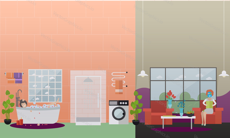 Vector illustration of young women enjoying aroma bath procedures and cosmetic facial treatment at home. Home spa treatments flat style design elements.