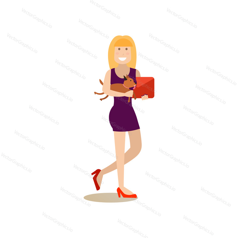 Vektorová ilustrace ženy, která drží svého psa při chůzi na ulici. Pet majitel a její štěně plochý styl designový prvek, ikona izolován na bílém pozadí.