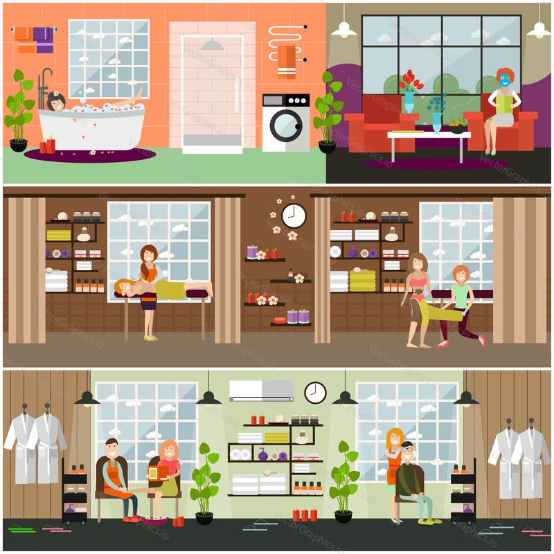 Vector set of spa and massages concept posters, banners. Women enjoying relaxing massages and warming body wraps, aroma bath procedures, facial masks. Flat style design.