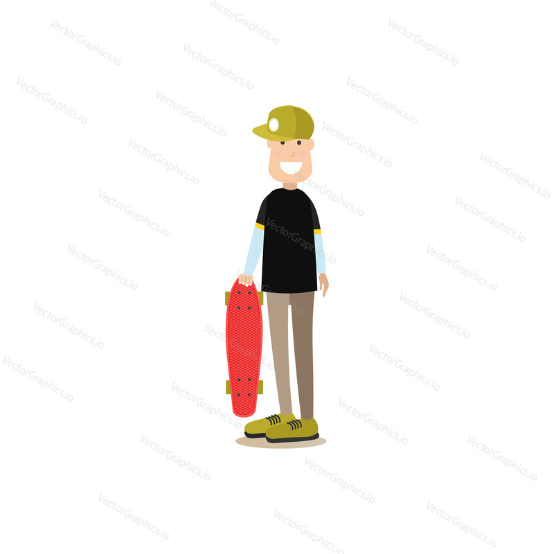 Vektorové ilustrace cool chlapec v čepici drží skateboard. Street people plochý designový prvek, ikona izolovaná na bílém pozadí.