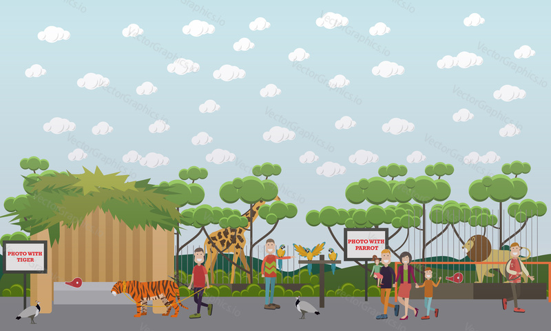 Zoo zvířata vektorový plochý styl ilustrace. Rodiče se svými dětmi vidí divoká exotická zvířata v klecích žirafa a lev. Peafowls putování mezi lidmi. Fotografování s tygrem a papouškem.