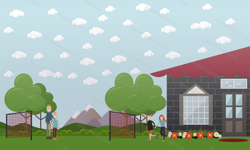 Vector illustration of father playing football with his son, couple boy and girl running together while holding hands. Flat style design.