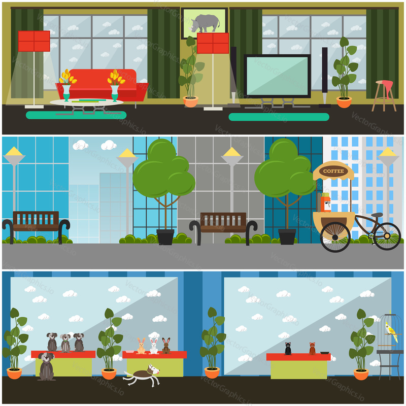 Vector set of pets interior posters, banners. Living room, showroom and street interior. Places where pets live, take part in exhibition and walk with their owners. Flat style design.