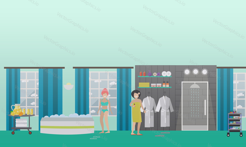 Vektorová ilustrace mladých žen, které si užívají lázeňské vodní procedury a odpočinek. Lázeňské služby koncept designové prvky v plochém stylu.