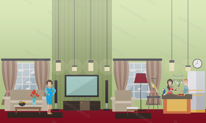 Vector illustration of young couple man and woman cooking together, pregnant woman caressing her belly. Home interior. Flat style design.