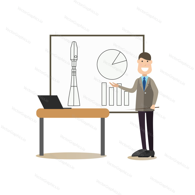 Vector illustration of scientist, design engineer giving presentation or lecture. Space exploration, development of aerospace technology, space science education concept. Flat style design.