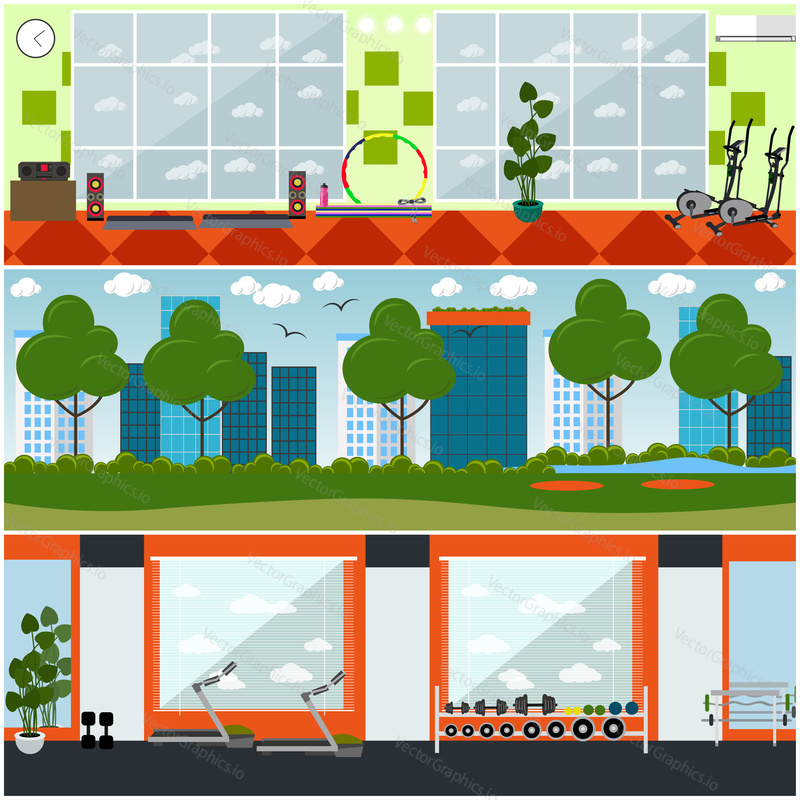 Vector set of gym interior posters, banners. Fitness club or center with exercise equipment, social park place for outside workout. Flat style design.