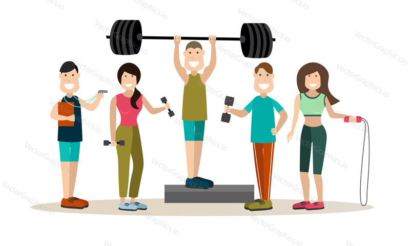 Vector set of fitness people exercising with gym equipment dumbbells, barbell, jump rope and personal trainer male. Gym people flat style design elements, icons isolated on white background.