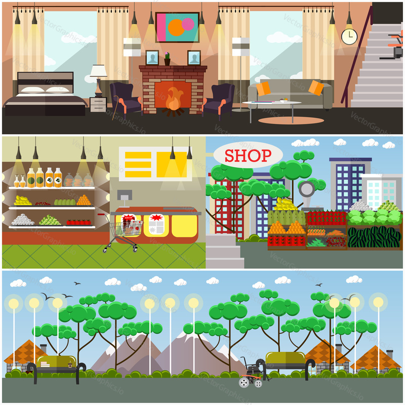 Vector set of aged people interior posters, banners. Living room, bdroom, grocery store, marketplace and city park interior flat style design elements.