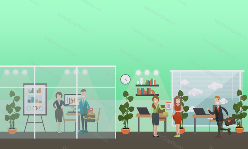 Vektorová ilustrace podnikatelů, kteří prezentují, obdrží certifikát po absolvování workshopu nebo semináře. Interiér kanceláře. Plochý design.