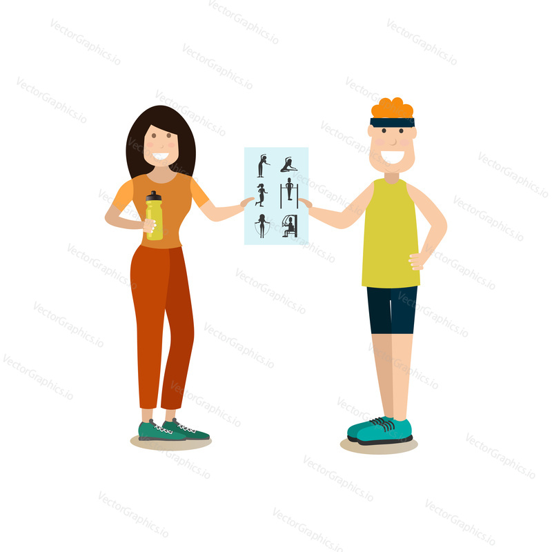 Vector illustration of fitness people or instructors male and female holding exercise poster. Gym people flat style design elements, icons isolated on white background.