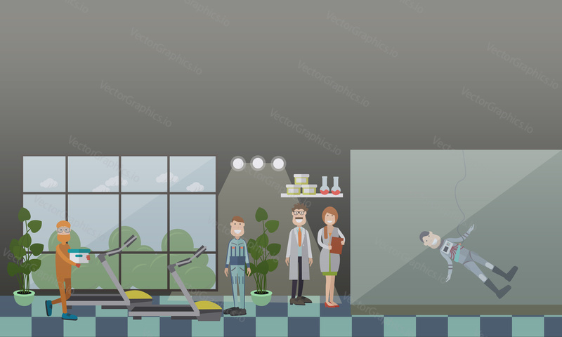 Astronaut training concept vector illustration. Astronauts preparing for their space missions. Physical training, extra-vehicular activity EVA training flat style design elements.