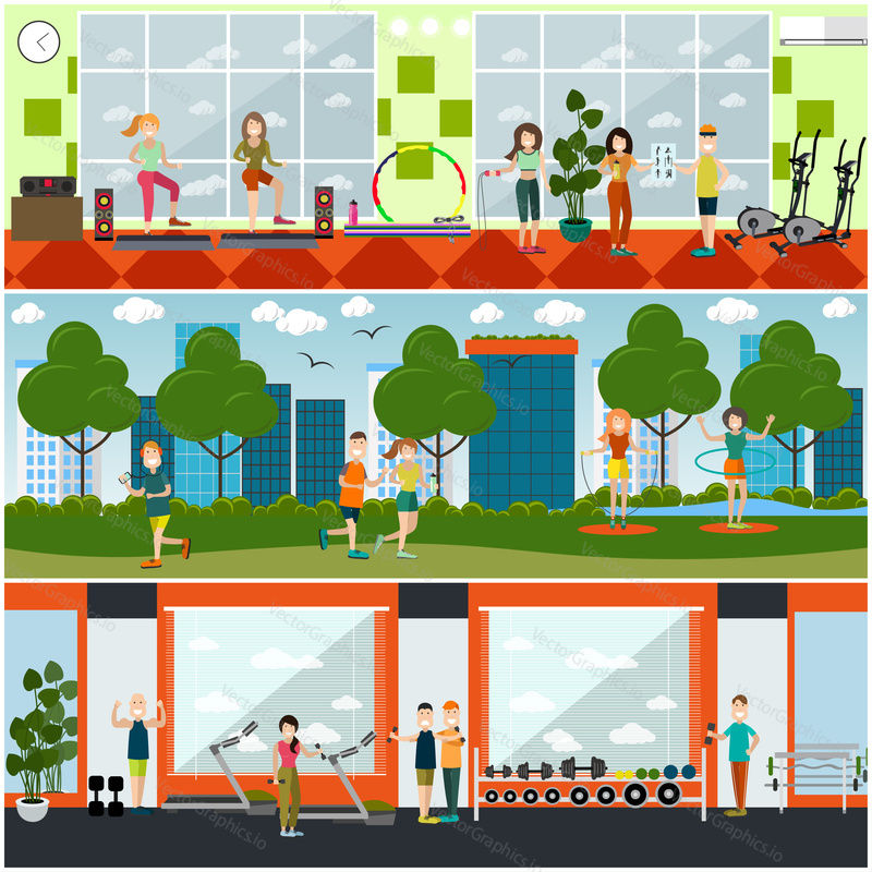 Vector set of gym posters, banners with people training in park and in fitness club. Girls doing step aerobics, exercising with jump ropes, dumbbells, hula hoops, jogging. Flat style design.