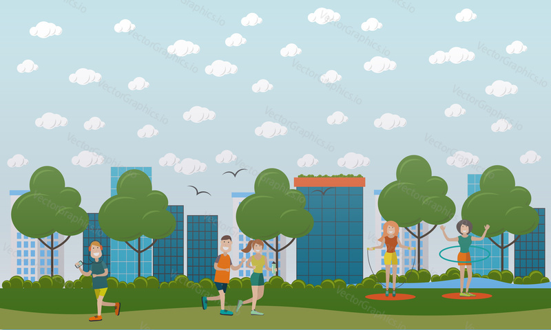 Vektorová ilustrace běžících mužů a žen jogging, dělá hula hoop a švihadlo cvičení v parku. Školení mimo lidi plochý styl designu.