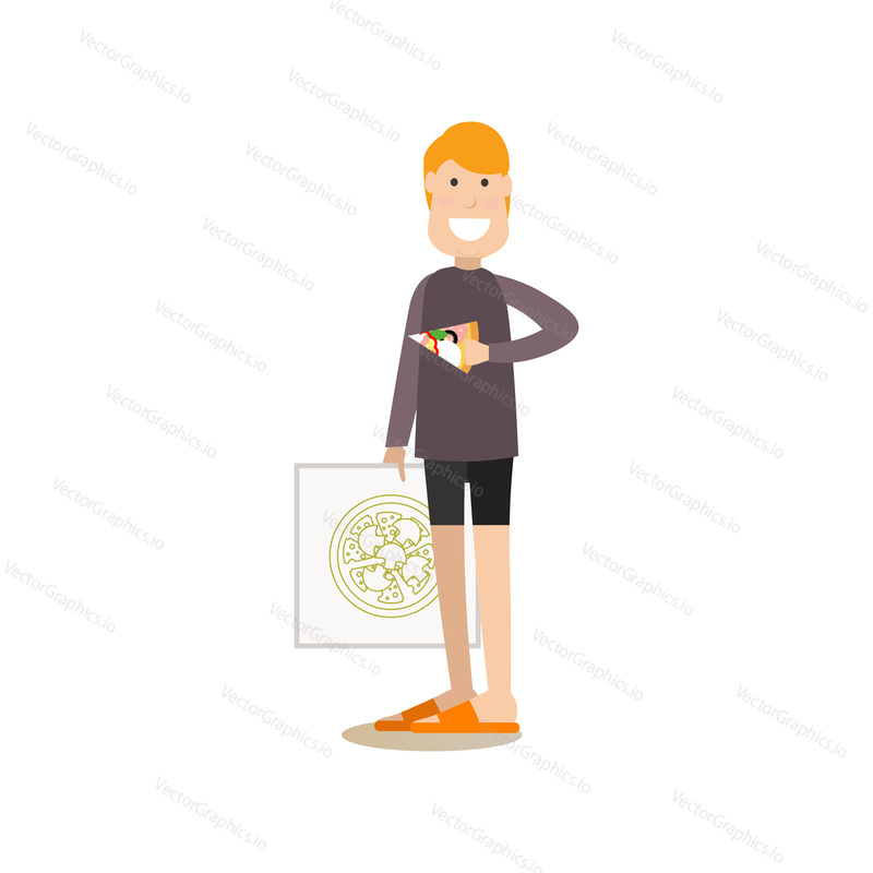 Vektorová ilustrace muže s krabicí na pizzu v jedné ruce a plátkem pizzy v druhé. Koncept jídla s sebou. Food lidé plochý styl designový prvek, ikona izolován na bílém pozadí.